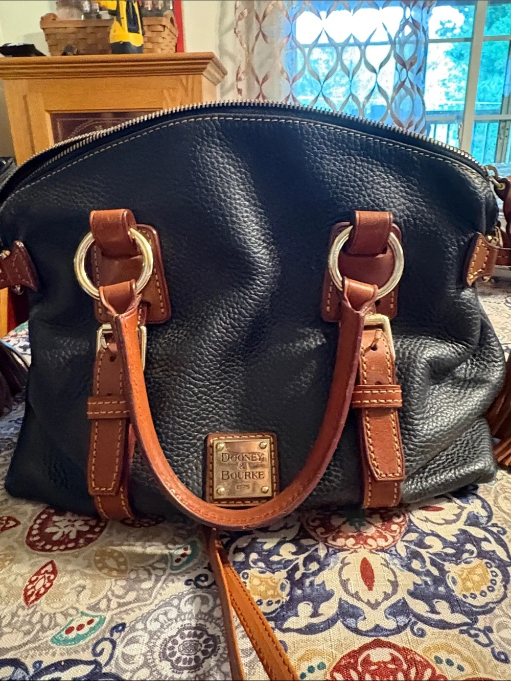 Dooney & Bourke Black and Brown Pebbled Leather Satchel with Gold Hardware
